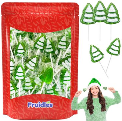 Fruidles Christmas Tree Lollipop, Mixed Fruit Flavor, Made in Brazil, Individually Wrapped Treets, 14g Pops, Approx. 15 Pops (Half-Pound)