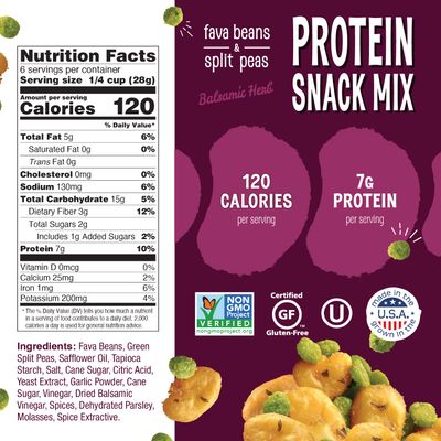 The Good Bean Protein Snack Mix - Balsamic Herb - (6 Pack) 6 oz Resealable Bag - Fava Beans and Split Peas - Vegan Snack with Good Source of Plant Protein and Fiber