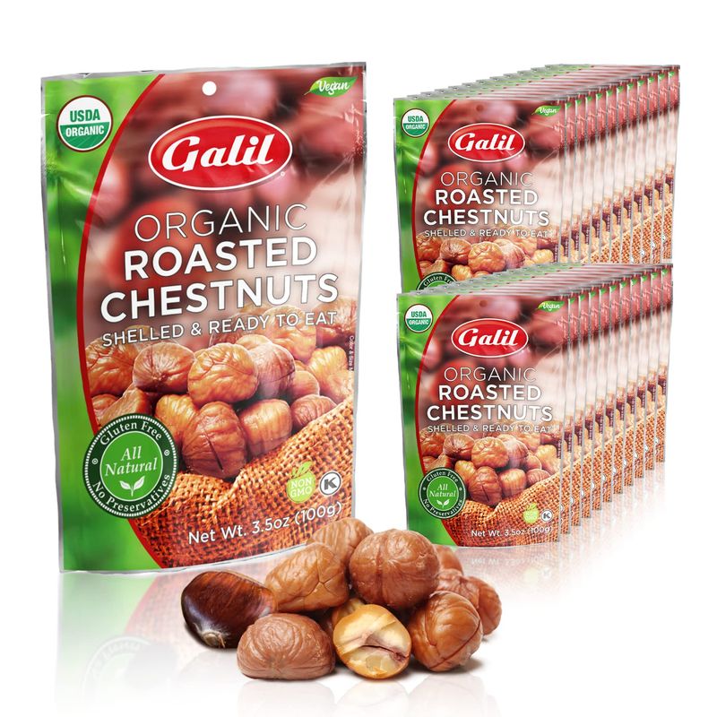Galil Organic Roasted Chestnuts Pack of 24 Shelled &amp; Ready to Eat Chestnuts - Gluten Free, Vegan, Organic, Non-GMO, Kosher Snacks - Great for Baking, Cooking &amp; Turkey Stuffing 3.5oz Bags