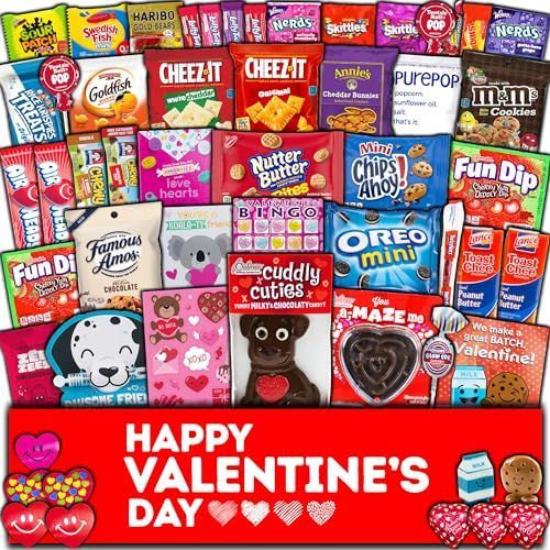 Valentine&#39;s Day Gift Care Package (50ct) Snacks Chocolates Candy Gift Box Assortment Variety Bundle Crate Present for Boy Girl Friend Student College Child Husband Wife Boyfriend Girlfriend Love Niece