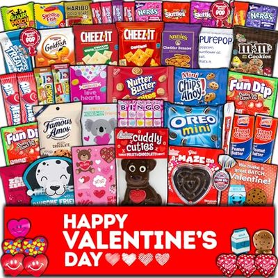 Valentine&#39;s Day Gift Care Package (50ct) Snacks Chocolates Candy Gift Box Assortment Variety Bundle Crate Present for Boy Girl Friend Student College Child Husband Wife Boyfriend Girlfriend Love Niece