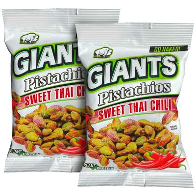 GIANTS Go Naked Sweet Thai Chili Pistachios - Chili Pistachios No Shell, Spicy Pistachios, Chili Roasted, High Protein Flavored Pistachio Nuts, 6g Protein Per Serving - 3 oz Bags (Pack of 2)