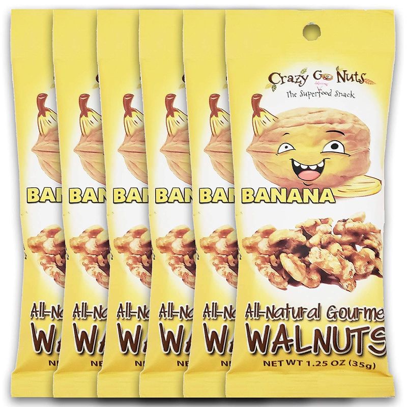 Crazy Go Nuts Walnuts - Banana, 1.25 oz (6-Pack) - Healthy Snacks, Vegan, Gluten Free, Superfood - Natural, Non-GMO, ALA, Omega 3 Fatty Acids, Good Fats, and Antioxidants
