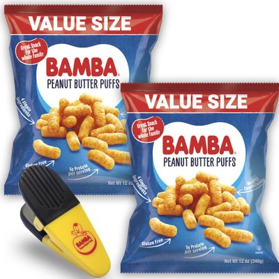 Osem GRATIFY Peanut Butter Puffs - Oven-Baked Snack - 24 Ounce Total (2 x 12 Ounce Bags) with Bamba Bag Clip - Perfect Family Snack, Only 4 Simple Ingredients, Non-GMO, Gluten-Free, All-Natural