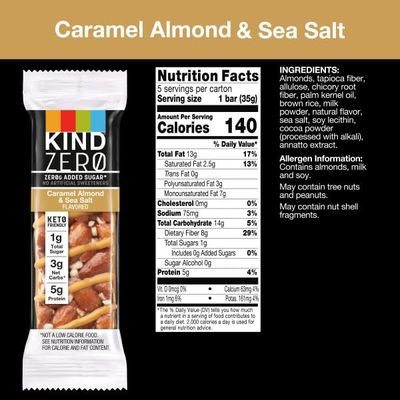 KIND ZERO Added Sugar Bars, Keto Snack, Caramel Almond and Sea Salt, Good Source of Fiber, Gluten Free, Low Sugar, 5g Protein, 30 Count