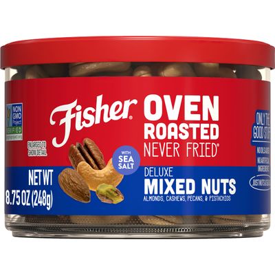 Fisher Snack Oven Roasted Never Fried, Almonds, Cashews, Pecans, Pistachios, Made with Sea Salt, Deluxe Mixed Nuts, 8.75 Oz
