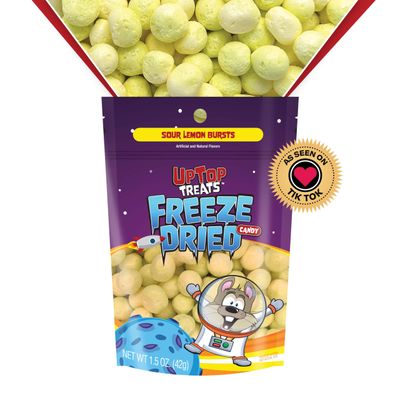 UpTop Treats Freeze Dried Candy, Sour Lemon Bursts, Extreme Sour Freeze Dried Candy, Lemon Sour Candy Puff Balls for ASMR, Snacks for Kids &amp; Adults, Made in the USA, Small Bag for On The Go, 1.5 oz