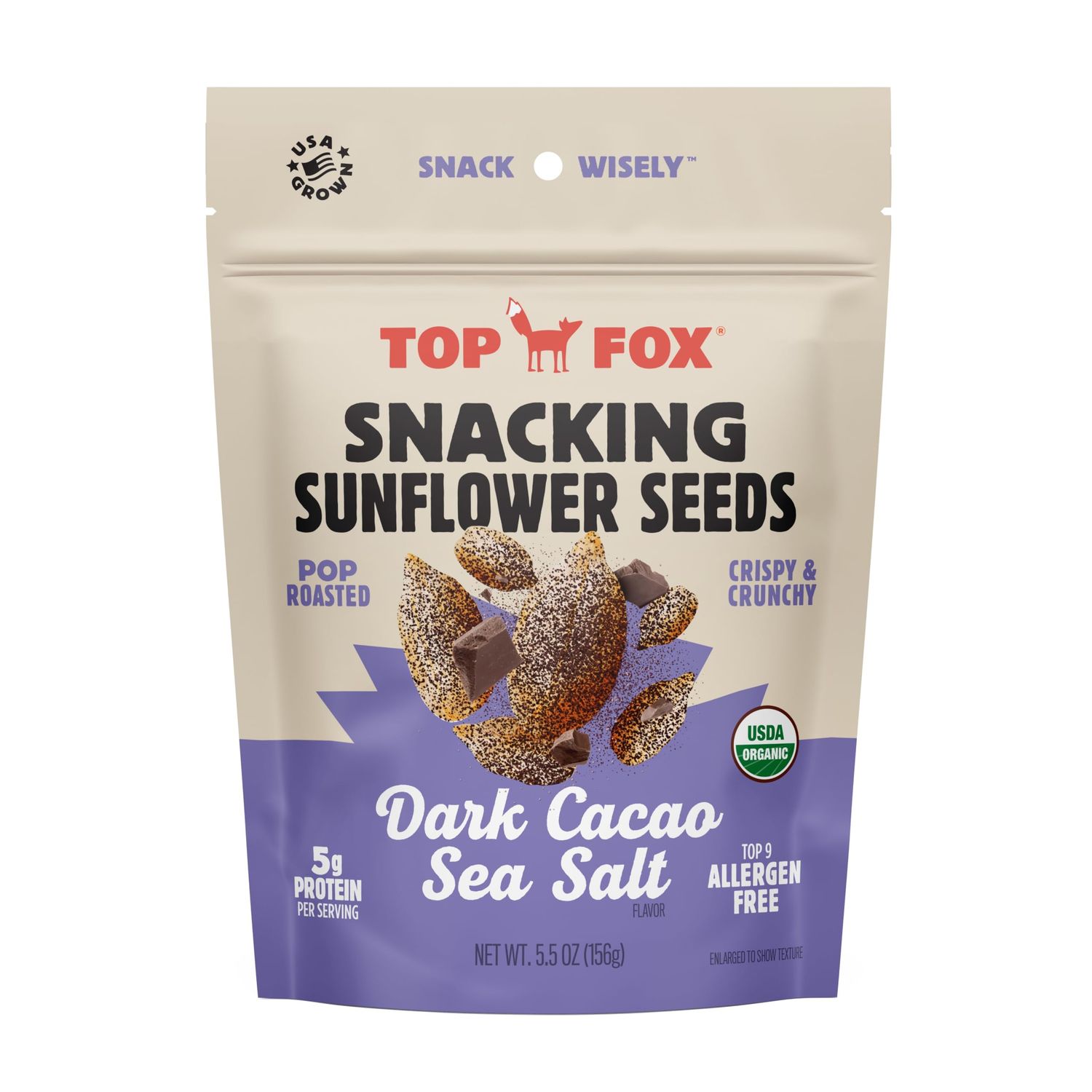 Top Fox Snacks - Organic Pop-Roasted Sunflower Seeds | Healthy Protein Snacks - Gluten Free - Keto and Vegan Friendly (Dark Cacao Sea Salt, 5.5 oz - 6 Pack)