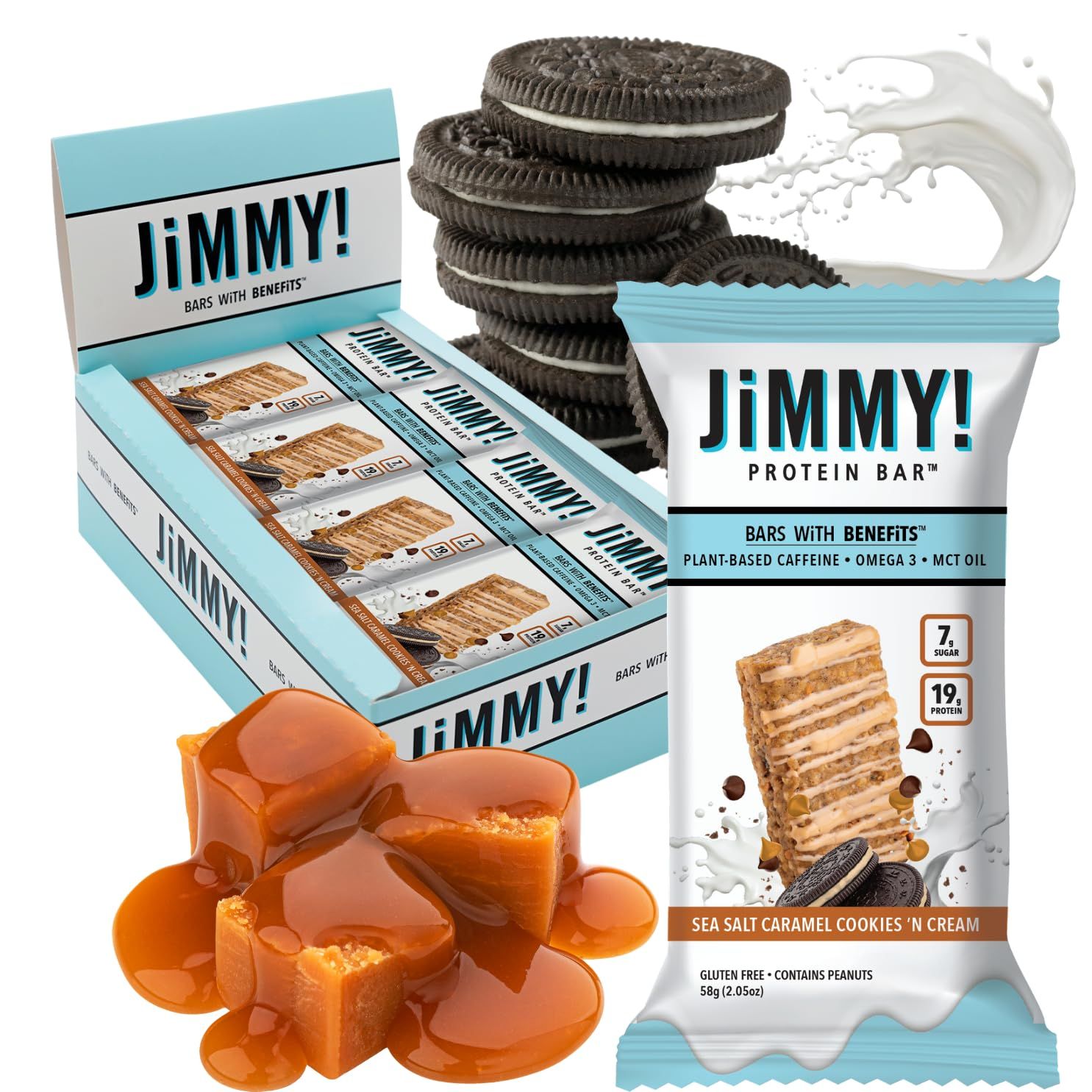 JiMMY&#39;S Functional Protein Bar - Sea Salt Caramel Cookies N&#39; Cream- 12 Count - 18g Protein - Caffeine, Omega 3 and MCT Oils - Low Sugar, Gluten Free
