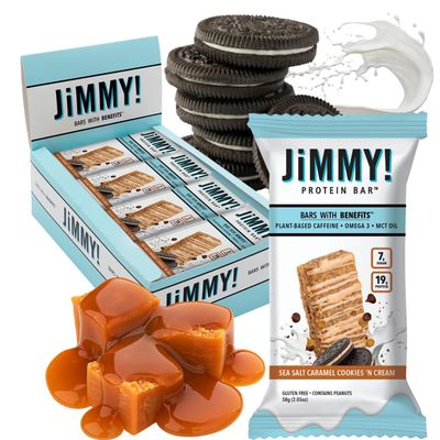 JiMMY&#39;S Functional Protein Bar - Sea Salt Caramel Cookies N&#39; Cream- 12 Count - 18g Protein - Caffeine, Omega 3 and MCT Oils - Low Sugar, Gluten Free