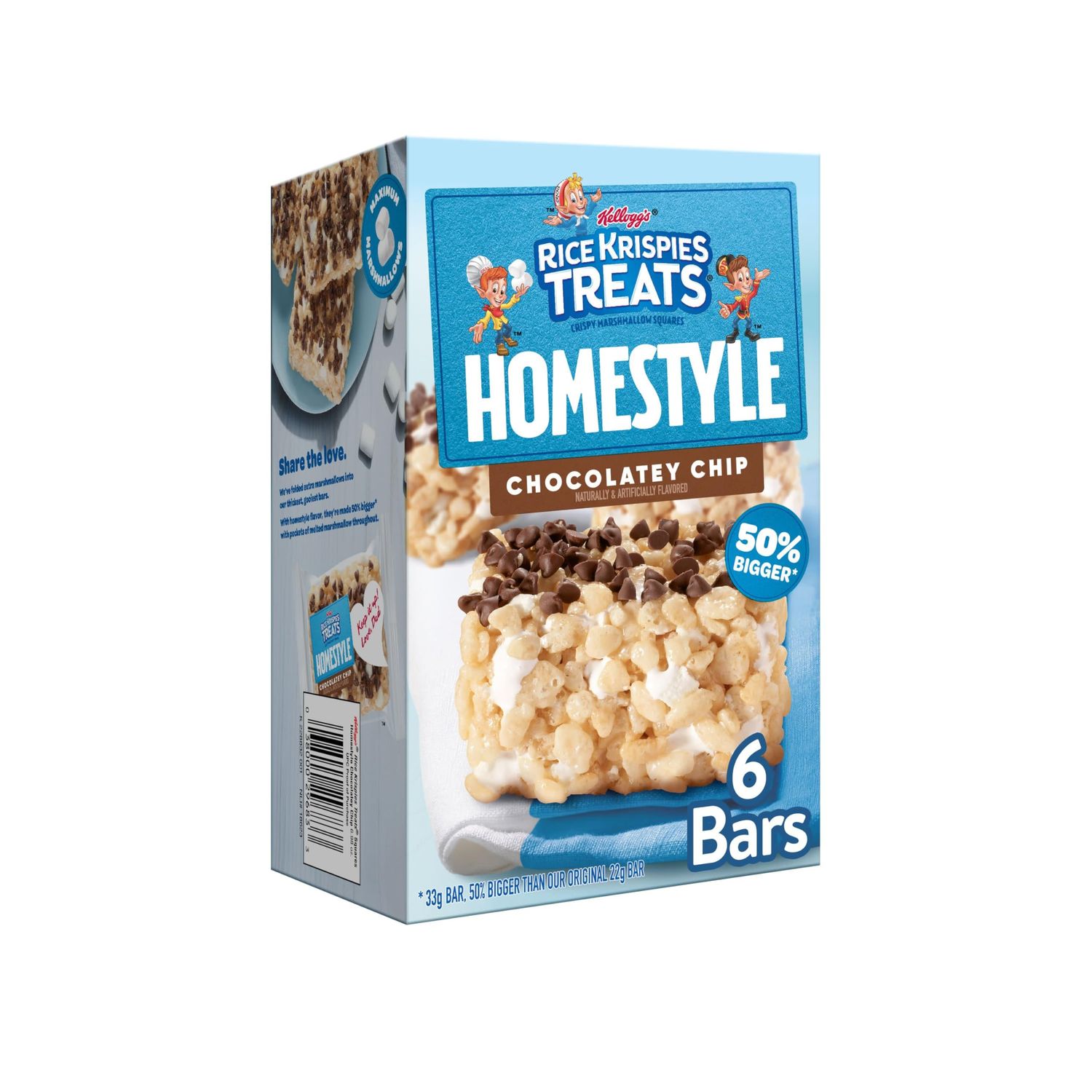 Rice Krispies Treats Homestyle Crispy Marshmallow Squares, Kids Snacks, Cereal Bars, Chocolatey Chip, 6.98oz Box (6 Bars)