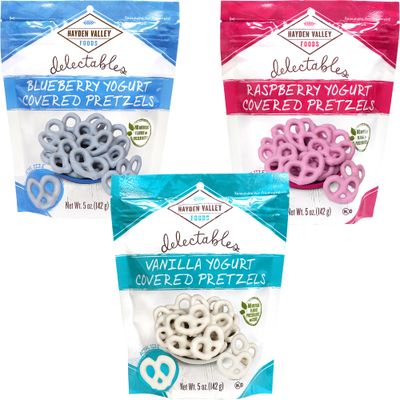 Hayden Valley Foods Yogurt Covered Pretzel Variety Pack - 5 oz Resealable Bags (Pack of 3) - Raspberry, Blueberry and Vanilla - Gourmet Naturally Flavored Pink, Blue and White Pretzels