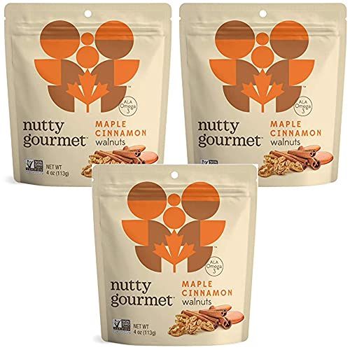 Nutty Gourmet Maple Cinnamon Walnuts - Maple Flavored Nuts - All Natural - Heart Healthy Snack - Farm Fresh - California Grown Walnuts - Vegan - Gluten-Free (4oz, 3 Pack)