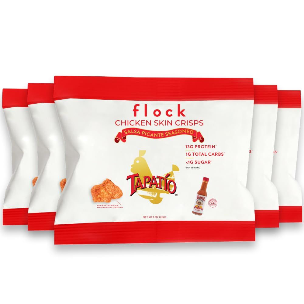 Flock Keto Chicken Skin Chips | Tapatio Flavor | Low Carb, High Protein, Sugar Free, Gluten Free Fried Chicken Skins - Chicken Chips for People | (1oz) 8-Pack Crispy Chicken Flock Chips