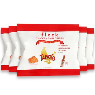 Flock Keto Chicken Skin Chips | Tapatio Flavor | Low Carb, High Protein, Sugar Free, Gluten Free Fried Chicken Skins - Chicken Chips for People | (1oz) 8-Pack Crispy Chicken Flock Chips