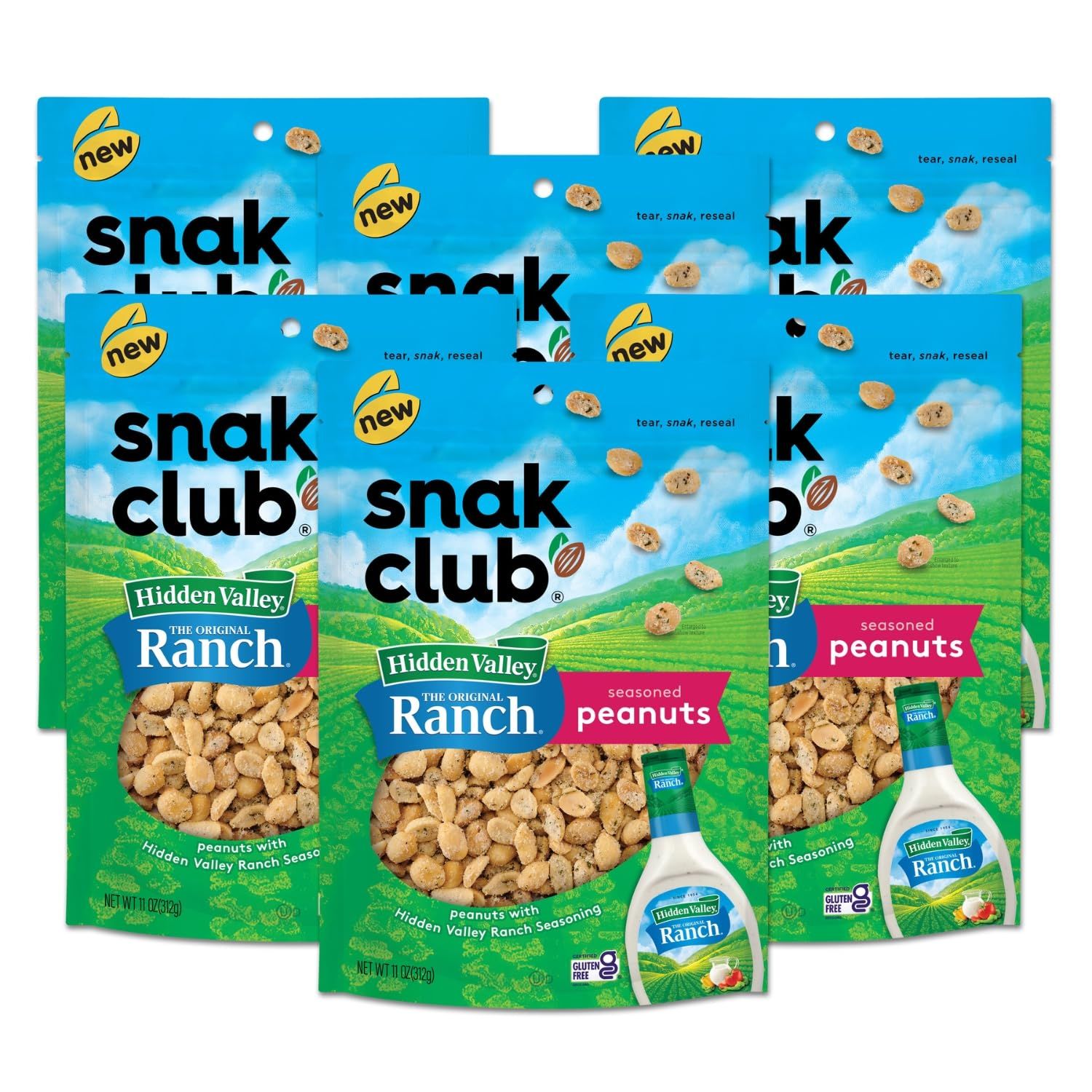 Snak Club Roasted Peanuts with Hidden Valley Ranch Seasoning, Savory Peanut Snacks, Certified Gluten Free, 11 oz Resealable Bag (Pack of 6)