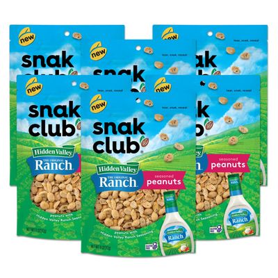 Snak Club Roasted Peanuts with Hidden Valley Ranch Seasoning, Savory Peanut Snacks, Certified Gluten Free, 11 oz Resealable Bag (Pack of 6)