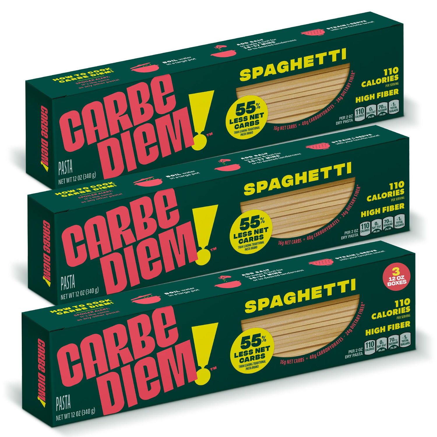 CARBE DIEM Spaghetti | 3x 12oz Bags | Lower Net Carb Pasta with a Traditional Flavor &amp; Texture | Pasta Re-Imagined for Healthy Lifestyles | Spaghetti Pasta | Spaghetti Noodles | Lower Calorie Pasta