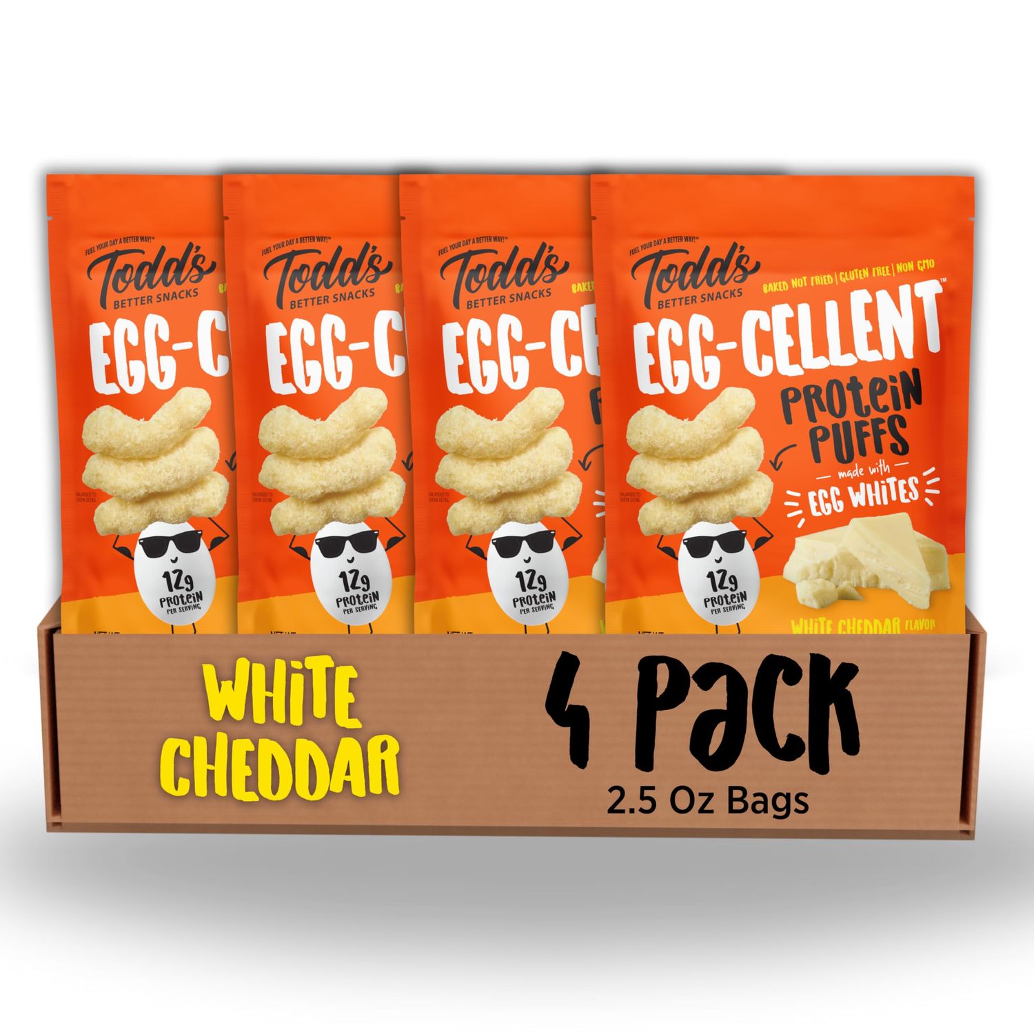 Todd&#39;s Better Snacks Egg-Cellent Protein Puffs, White Cheddar, 2.5 Oz (Pack of 4), Made with Egg Whites, 12g Protein, Gluten Free Healthy Snack