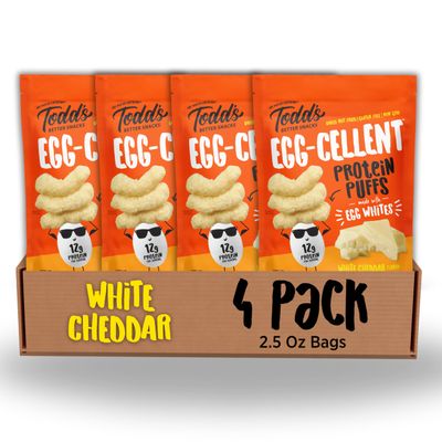 Todd&#39;s Better Snacks Egg-Cellent Protein Puffs, White Cheddar, 2.5 Oz (Pack of 4), Made with Egg Whites, 12g Protein, Gluten Free Healthy Snack