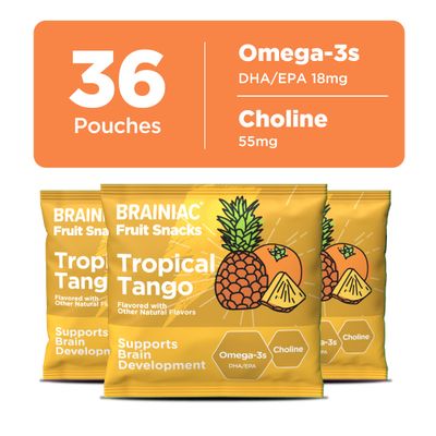 Brainiac Fruit Snacks, Tropical Tango, Brain Boosting Patented BrainPack Ingredients with Omega-3s DHAEPA and Choline, Functional and Nutritious Snacks, 36ct