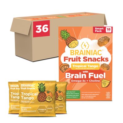 Brainiac Fruit Snacks, Tropical Tango, Brain Boosting Patented BrainPack Ingredients with Omega-3s DHAEPA and Choline, Functional and Nutritious Snacks, 36ct