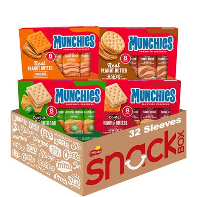 Munchies Baked Sandwich Crackers Variety Pack, Cheese Peanut Butter, Toast Peanut Butter, Doritos Nacho Cheese, and Doritos Jalapeno Cheese (Pack of 32 sleeves)