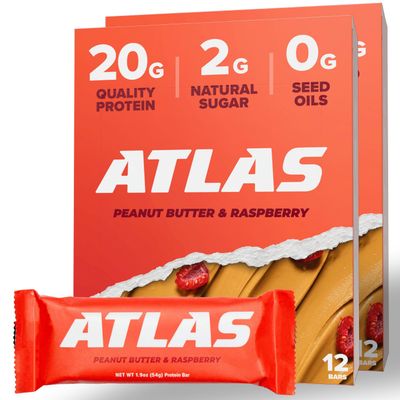 Atlas Protein Bar, 20g Protein, 1g Sugar, Clean Ingredients, Gluten Free (Peanut Butter Raspberry, 12 Count (Pack of 2))
