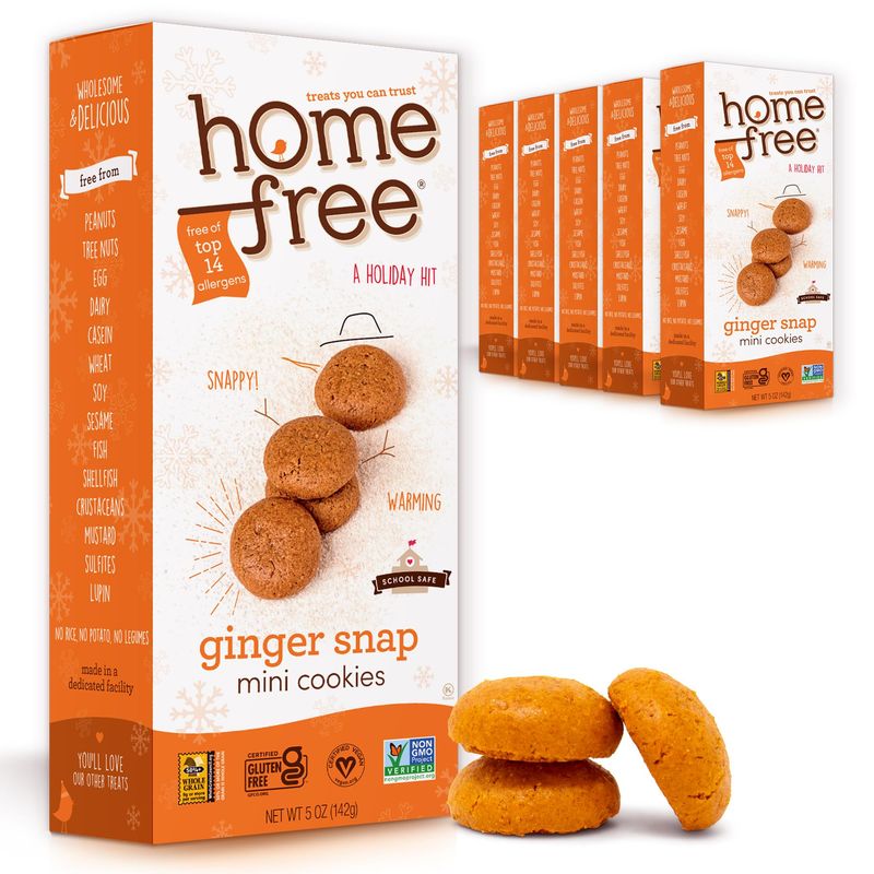 Homefree Treats Holiday Ginger Snaps, Gluten-Free Nut-Free Dairy-Free Mini Cookies, Allergy Safe Snacks, Ginger Snap Bulk Cookies, Treats You Can Trust, Made In USA, 5 Oz Box (Pack of 6)