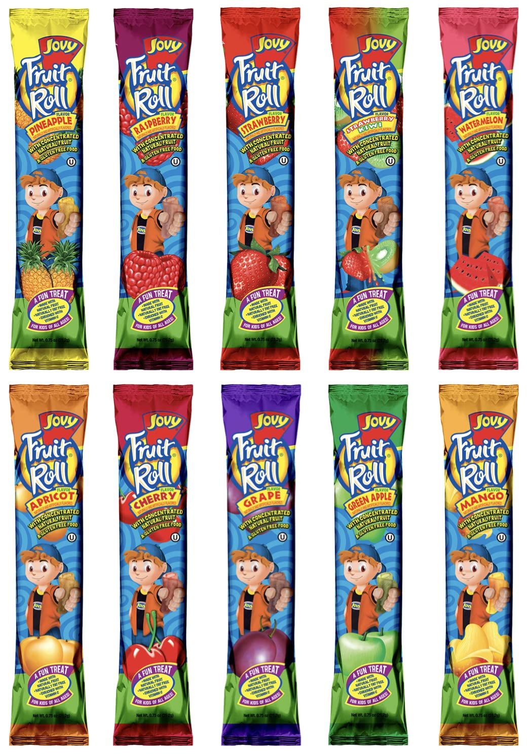 JOVY FRUIT ROLL Variety Pack 10 Flavors - Healthy Snack Made with Natural Fruit, Fat Free, Gluten Free, Enriched with Vitamin C |10 Count, 0.75 oz each