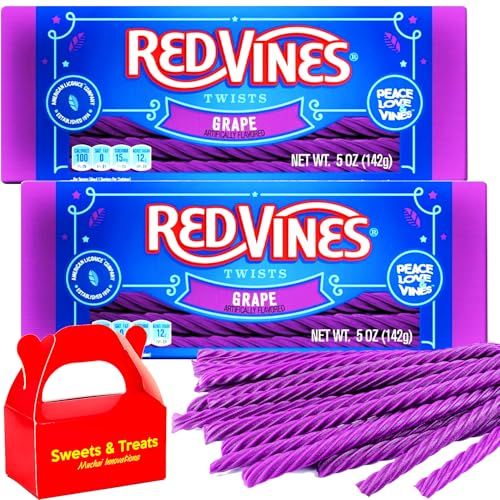 Red Vine Twists Licorice Candy | Original Red Soft &amp; Chewy - Fruit Flavored | For Party Snack Birthday Gift Holiday Travel Camp Office Reception | 2 Trays Boxes Plus Muchai Box (Grape Flavor)