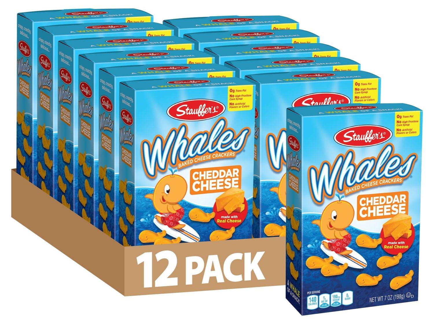STAUFFERS WHALES Baked Cheddar Crackers - 12 Count, 7oz Boxes - Cheese Cracker Snacks for the Family