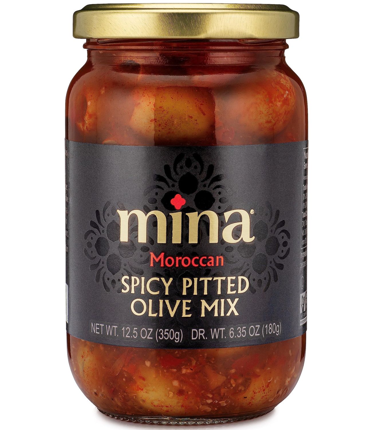 Mina Spicy Pitted Olive Mix, 12.5 oz - Premium Handpicked Moroccan Olives with Red Chili Pepper Harissa, Keto Friendly Spicy Olives, Low Carb, Vegan, Gluten Free Healthy Snacks