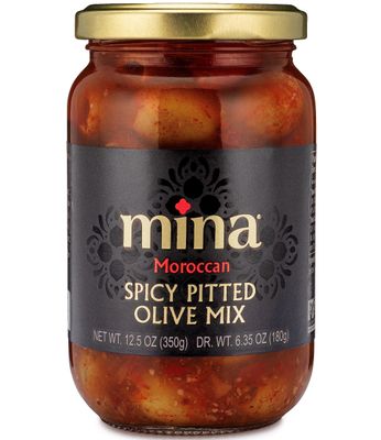 Mina Spicy Pitted Olive Mix, 12.5 oz - Premium Handpicked Moroccan Olives with Red Chili Pepper Harissa, Keto Friendly Spicy Olives, Low Carb, Vegan, Gluten Free Healthy Snacks