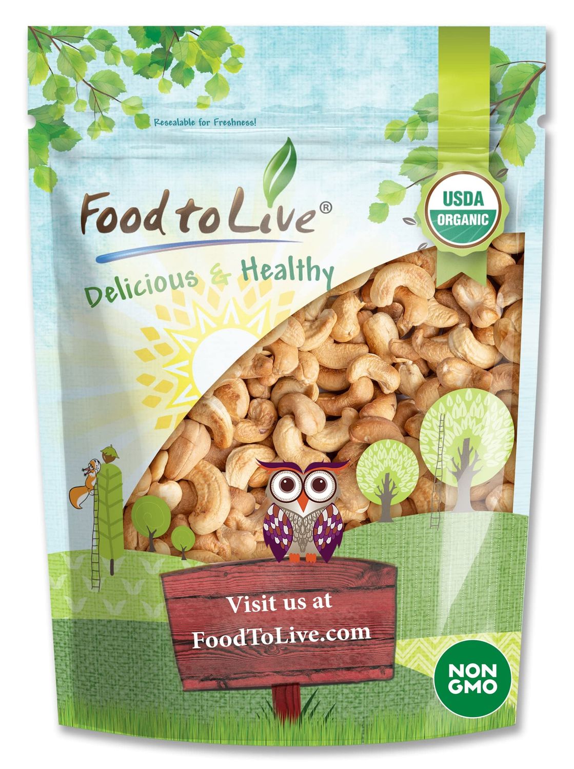 Food to Live Organic Dry Roasted Whole Cashews with Himalayan Salt, 2 Pounds Non-GMO, Oven Roasted and Lightly Salted Nuts, No Oil Added, Vegan, Kosher. High in Protein. Great Wholesome Snack
