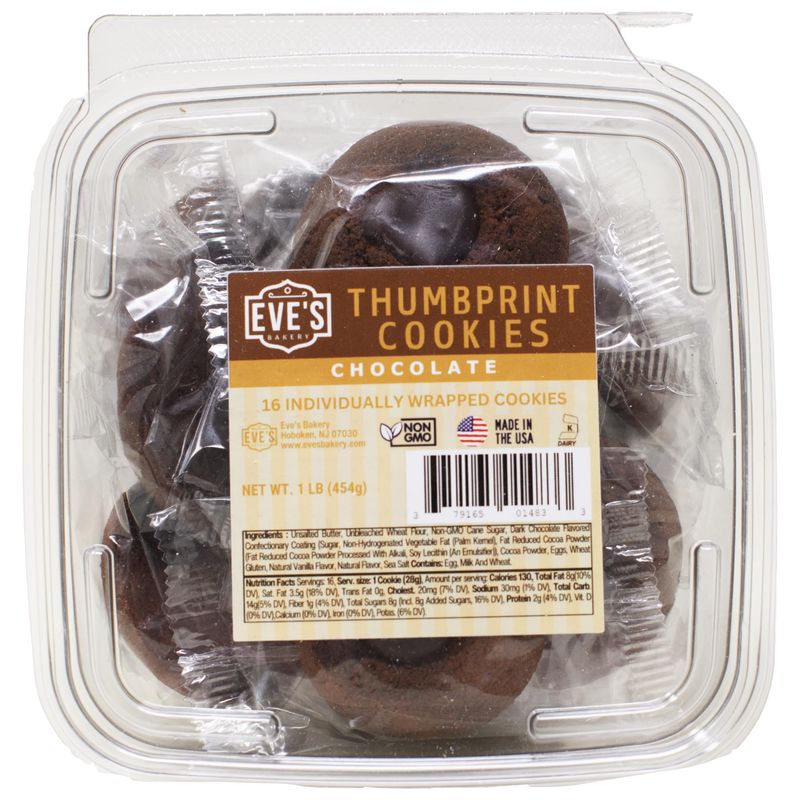 Eves Bakery Individually Wrapped Snacks, All Butter Thumbprint Cookies - Locally Crafted, Non-GMO, All Natural (Chocolate Filled, 1 Pound)