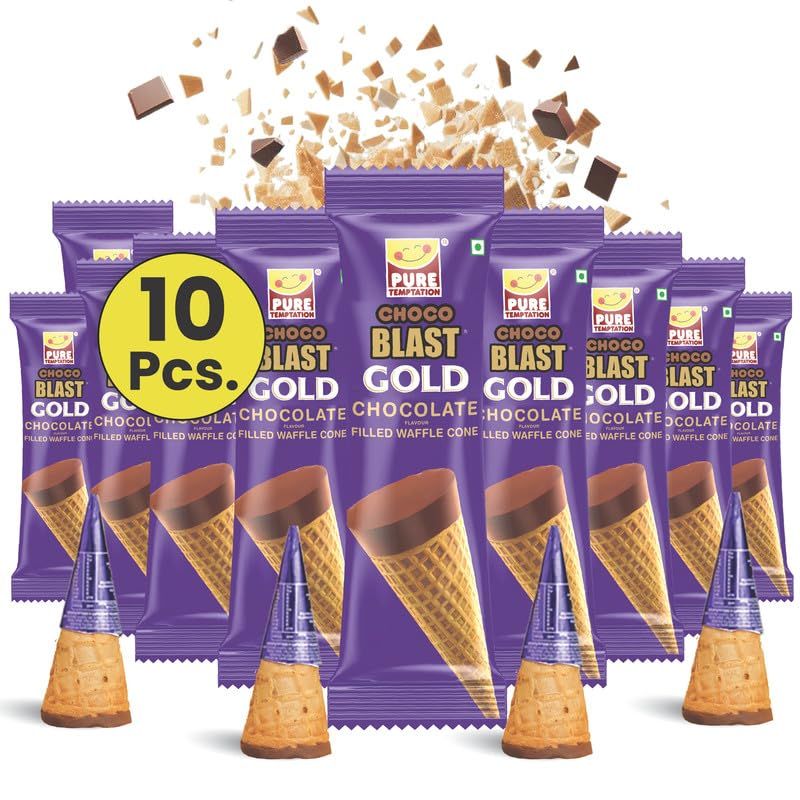 Pure Temptation Gold Chocoblast Waffle Cones 10 Pieces Snacks for Kids &amp; Adults - Non-Meltable Chocolate Gift Box - Individually Wrapped Chocolate-Filled Waffle Cones Bites for Christmas Gifts