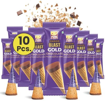 Pure Temptation Gold Chocoblast Waffle Cones 10 Pieces Snacks for Kids &amp; Adults - Non-Meltable Chocolate Gift Box - Individually Wrapped Chocolate-Filled Waffle Cones Bites for Christmas Gifts