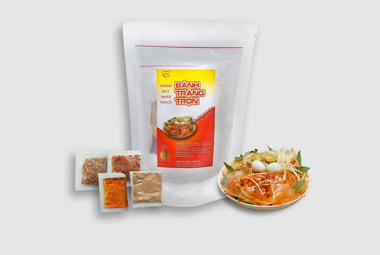 Rice paper snacks from TANISA, ingredients to mix rice papers salad, DIY mixture of rice paper fibers with seasonings - Vietnamese famous street food - Banh trang tron (Pure pack, 1 pack-80g)