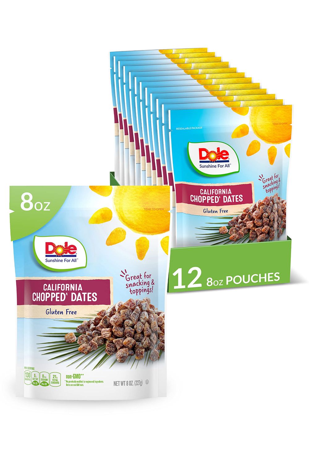 Dole California Chopped Dates, Naturally Gluten Free Dried Fruit, Healthy Snack, 8 Oz Resealable Bag, (Pack of 12)