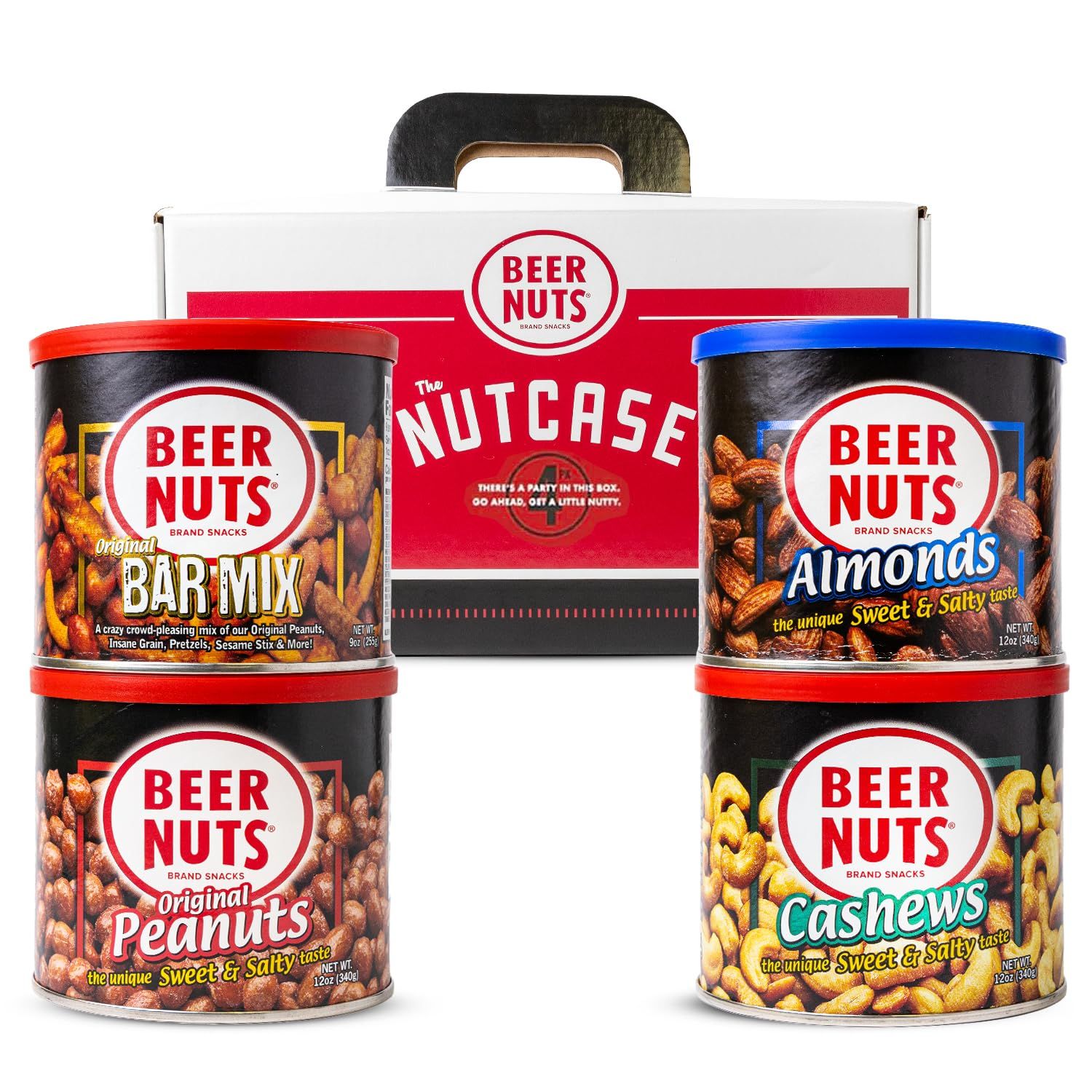 Beer Nuts Brand Snacks, Original Nutcase, Perfect for Gifting, Original Peanuts, Original Bar Mix, Cashews, Almonds, Sweet &amp; Spicy Bar Mix, Resealable Cans, Snackin&#39; Since 1953 (Pack of 4)