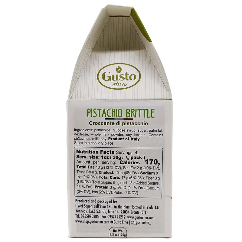 Pistachio Brittle, Sweet Pistachio Butter Chews with Pistachio crumbles, Bite Size, Individually Wrapped, 6.7 oz (190 g) Bark, Non GMO, Product of Italy, GUSTO ETNA