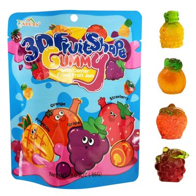 Apexy 3D Fruit Gummy Candy With Center Filled Fruit Flavor Jam, Assorted Flavors, Gummy Candy Fruit Snacks, Great For Party or Cupcake Toppers, 3.03oz (Pack of 6)