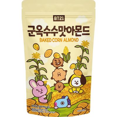 BT21 Almonds Natural Raw Snack Nuts Resealable Bag, Baked corn Almond flavor, 6.34 Ounce (Pack of 1)