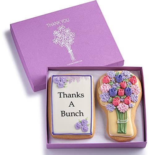 Gourmet Floral Thank you Cookie Gift Basket | 2 Large 2.5 x 4.5 in Vanilla Sugar Cookies Hand-Decorated Snack Variety Pack | Kosher Bakery Care Package For Women, Men Boys &amp; Girls