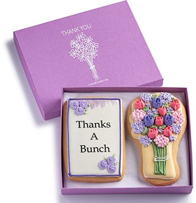 Gourmet Floral Thank you Cookie Gift Basket | 2 Large 2.5 x 4.5 in Vanilla Sugar Cookies Hand-Decorated Snack Variety Pack | Kosher Bakery Care Package For Women, Men Boys &amp; Girls