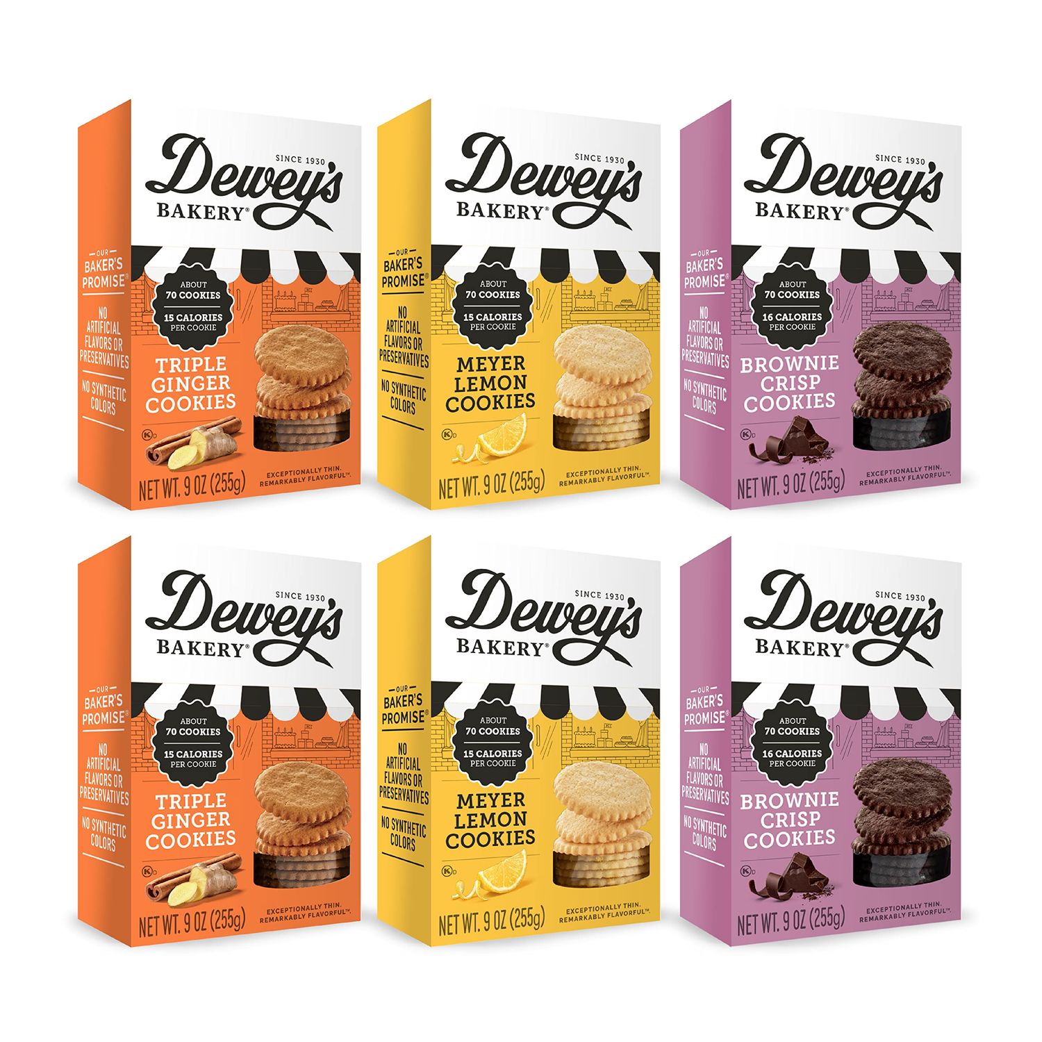 Dewey&#39;s Bakery Meyer Lemon, Brownie Crisp &amp; Triple Ginger Moravian Cookie Thins Variety Pack | Baked in Small Batches | Real, Simple Ingredients | 15 Calories Per Cookie | 9 oz (Pack of 6)