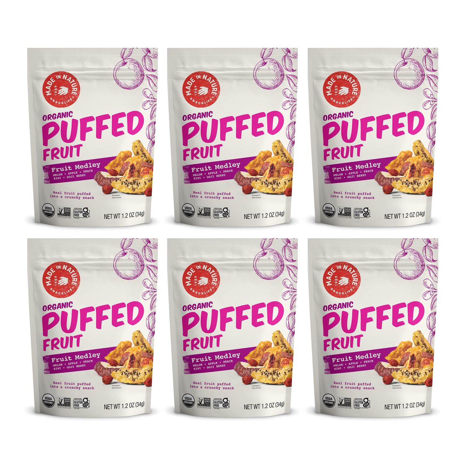Made In Nature Organic Puffed Fruit Medley, 1.2 Ounce (Pack of 6) - Vegan Snack, Non-GMO, Gluten Free