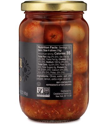 Mina Spicy Pitted Olive Mix, 12.5 oz - Premium Handpicked Moroccan Olives with Red Chili Pepper Harissa, Keto Friendly Spicy Olives, Low Carb, Vegan, Gluten Free Healthy Snacks
