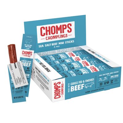 Chomps Snack Size Grass-Fed and Finished Sea Salt Beef Jerky Snack Sticks 0.5oz 24-Pack - Keto, Paleo, Whole30, 4g Lean Meat Protein, Gluten-Free, Zero Sugar Food, Non-GMO Chomplings